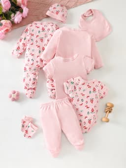 8-Piece Newborn Baby Romper Set, Soft and Breathable with Cute Pink Deer Pattern, Suitable for Babies Aged 0-9 Months.