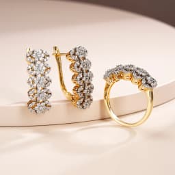 Clustered row zircon earrings and rings set copper plated 14K two-color gold banquet wedding accessories birthday gift