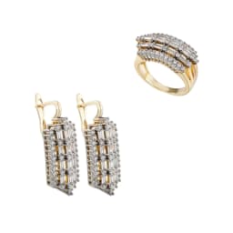 French light luxury inlaid baguette earrings and rings two-tone set, versatile jewelry for workplace commuting and banquets