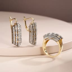 French light luxury inlaid baguette earrings and rings two-tone set, versatile jewelry for workplace commuting and banquets