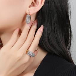 French light luxury inlaid baguette earrings and rings two-tone set, versatile jewelry for workplace commuting and banquets