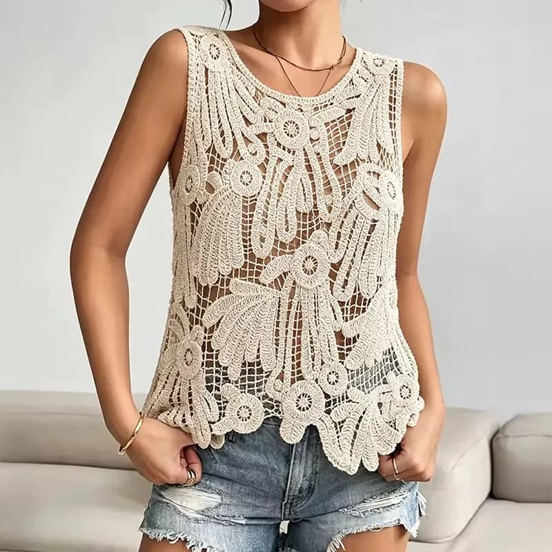 Sequin Crochet Lace Tank Top for Women Sleeveless Paisley Embroidered Hollow-out Open Knitted Blouse Summer Beach Boho Cover-up