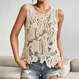 Sequin Crochet Lace Tank Top for Women Sleeveless Paisley Embroidered Hollow-out Open Knitted Blouse Summer Beach Boho Cover-up