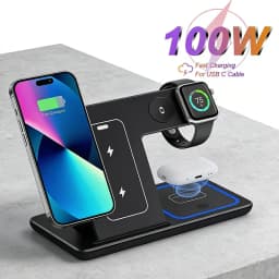 Foldable 100W 3 In 1 Fast Wireless Charging Stand Holder Dock For iPhone 17 16 Apple Watch AirPods 4 Pro 2 Fast Charger