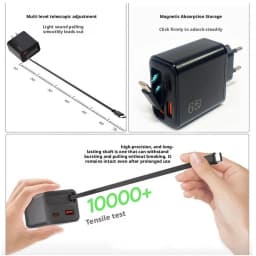 65W GaN Super Fast Charger Type C EU US UK Plug Retractable USB C Cable For iPhone15 16 17 Pro Xiaomi Samsung POCO Huawei Realme