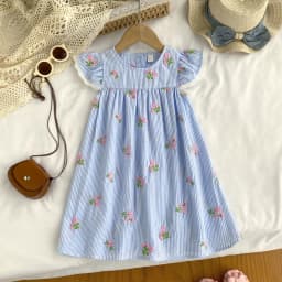 Girl Casual Dress New Fashion Flower Embroidered Striped Flying Sleeve Dress Girls Sweete Vestidos Kids Clothes