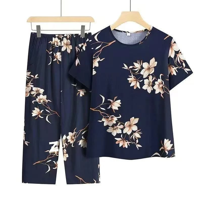 Summer Outfits Pijamas Feminino Casual Ice Silk Suit Loose Large Size Suit Short-sleeved Top Loose Two-piece Suit Plus Size