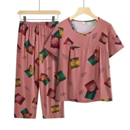 Summer Outfits Pijamas Feminino Casual Ice Silk Suit Loose Large Size Suit Short-sleeved Top Loose Two-piece Suit Plus Size