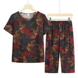 Summer Outfits Pijamas Feminino Casual Ice Silk Suit Loose Large Size Suit Short-sleeved Top Loose Two-piece Suit Plus Size