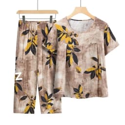 Summer Outfits Pijamas Feminino Casual Ice Silk Suit Loose Large Size Suit Short-sleeved Top Loose Two-piece Suit Plus Size