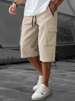Men's 3/4-Length Cargo Shorts — Woven Twill Fabric, Multi-Pocket Casual Trousers. Non-Stretch Adult Apparel for Summer