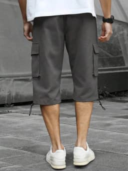 Men's 3/4-Length Cargo Shorts — Woven Twill Fabric, Multi-Pocket Casual Trousers. Non-Stretch Adult Apparel for Summer