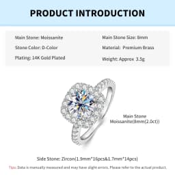 Rrjzz 8mm D Color Halo Round Moissanite Engagement Ring for Women 2CT VVS1 Lab Imitation Diamond Wedding Rings GRA Jewelry Gifts