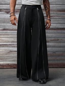 Spring/Summer Men's Solid Woven Pants, Zipper Decor, High Waist, Loose Wide Leg, Casual & Formal Suit Trousers for Daily Commute