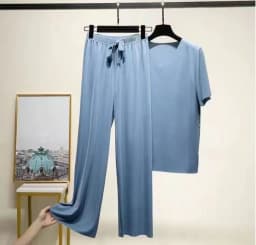 Spring Summer Two Piece Set V Neck Short Sleeve T Shirt Thin Solid Color Loungewear Loose Wide Leg Pants
