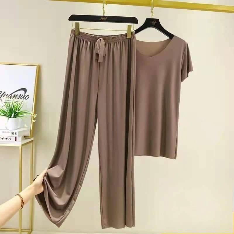 Spring Summer Two Piece Set V Neck Short Sleeve T Shirt Thin Solid Color Loungewear Loose Wide Leg Pants