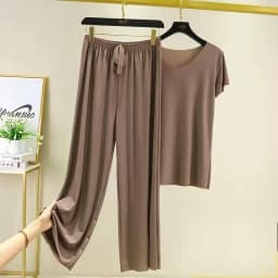 Spring Summer Two Piece Set V Neck Short Sleeve T Shirt Thin Solid Color Loungewear Loose Wide Leg Pants