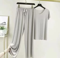 Spring Summer Two Piece Set V Neck Short Sleeve T Shirt Thin Solid Color Loungewear Loose Wide Leg Pants
