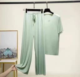 Spring Summer Two Piece Set V Neck Short Sleeve T Shirt Thin Solid Color Loungewear Loose Wide Leg Pants