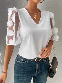 Women V Neck Blouse With Sheer Puff Sleeves And 3D Circle Appliques Casual Elegant Party Top