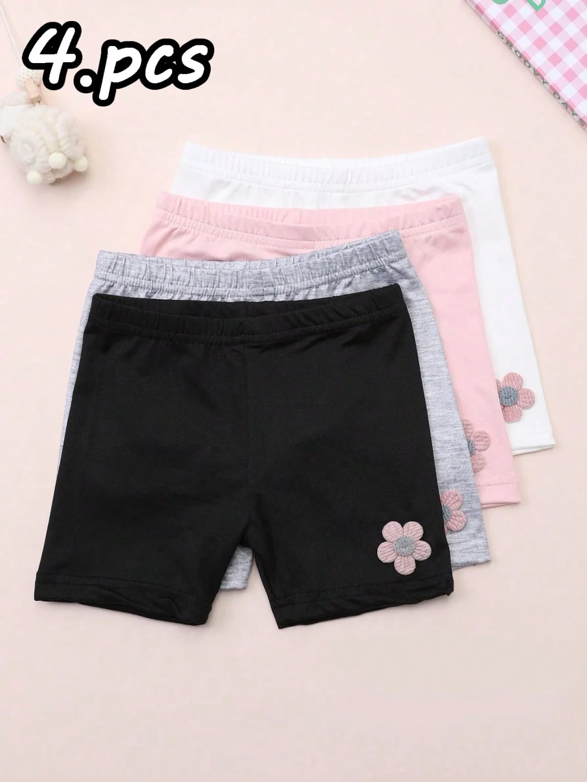 4 Pcs Summer Little Flower-Patterned Straight-Leg Kids Leggings Girls Safety Shorts Leggings for Children Aged 2-12Y Daily Wear