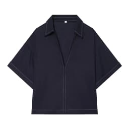 Women's Shirt 2026 Summer New Style Navy Short Sleeve Turn-Down Collar with Line Decoration Simple Pullover Shirt Fashionable