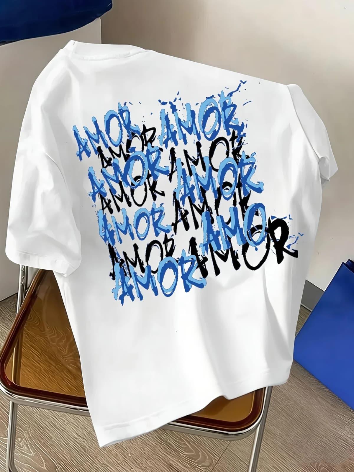 Blue and Black Graffiti Amor Text Print on Premium Soft 100% Cotton Mens T Shirt Perfect for Summer Urban Streetwear Style