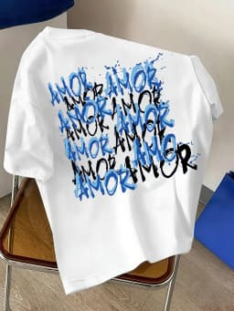 Blue and Black Graffiti Amor Text Print on Premium Soft 100% Cotton Mens T Shirt Perfect for Summer Urban Streetwear Style