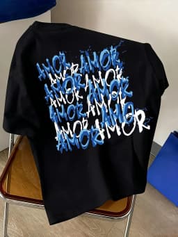 Blue and Black Graffiti Amor Text Print on Premium Soft 100% Cotton Mens T Shirt Perfect for Summer Urban Streetwear Style