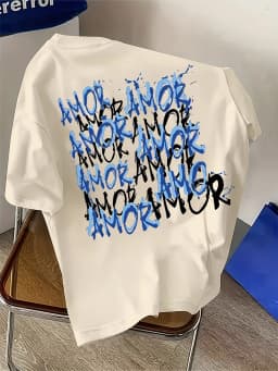 Blue and Black Graffiti Amor Text Print on Premium Soft 100% Cotton Mens T Shirt Perfect for Summer Urban Streetwear Style