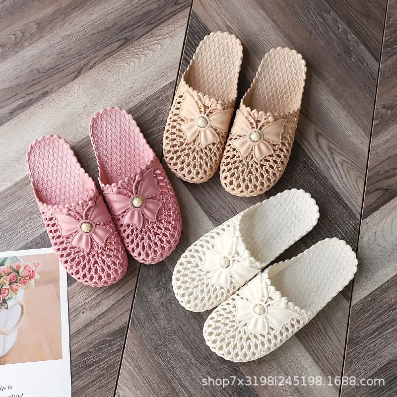 Women Hollow Out Closed Toe Versatile Slippers Summer Non Slip Soft Sole Bow Pearl Decor Casual Slides Indoor Outdoor Beach Wear