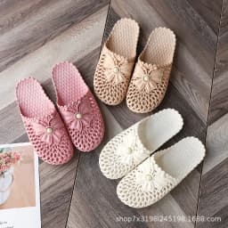 Women Hollow Out Closed Toe Versatile Slippers Summer Non Slip Soft Sole Bow Pearl Decor Casual Slides Indoor Outdoor Beach Wear