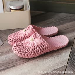 Women Hollow Out Closed Toe Versatile Slippers Summer Non Slip Soft Sole Bow Pearl Decor Casual Slides Indoor Outdoor Beach Wear