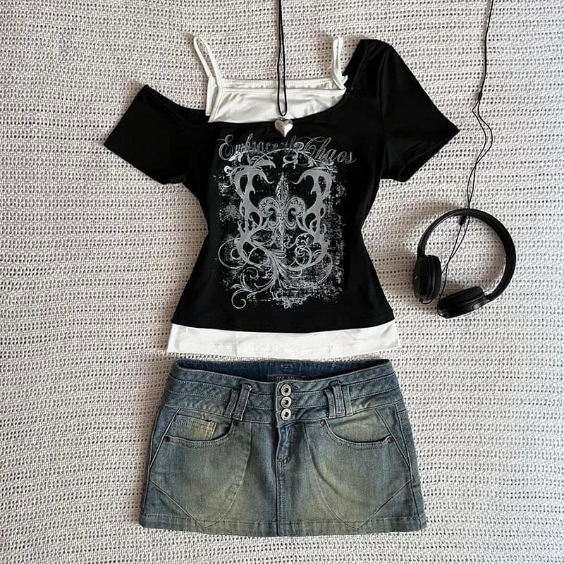 Women's 90s Vintage Punk T-Shirts Summer Streetwear Sexy Short Sleeve Gothic Slim Crop Tops Hottie Casual Femme Tee Harajuku Y2k