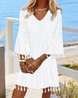 Women V Neck Tassel Hem Mini Dress With Flare Bell Sleeves And Textured Swiss Dot Design