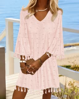 Women V Neck Tassel Hem Mini Dress With Flare Bell Sleeves And Textured Swiss Dot Design