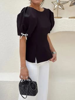 HH Woman Fashion Slim Bow Puff Sleeve O Neck Black Top Elegant Vintage Backless T-Shirt Summer Casual Holiday Night Wear Tops