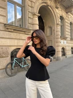 HH Woman Fashion Slim Bow Puff Sleeve O Neck Black Top Elegant Vintage Backless T-Shirt Summer Casual Holiday Night Wear Tops