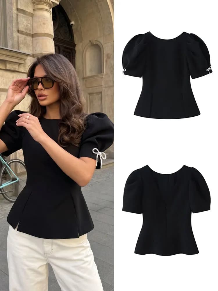 HH Woman Fashion Slim Bow Puff Sleeve O Neck Black Top Elegant Vintage Backless T-Shirt Summer Casual Holiday Night Wear Tops