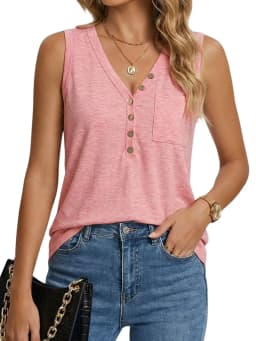 Women's V Neck Henley Tank Top Loose Fit Sleeveless Casual Clothing with Pocket Summer Womens Tops
