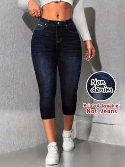 Women's Faux Denim Printed Cropped Pants, Non-Denim Fabric Casual Leggings, Outdoor Sports Yoga Pants, Fashionable Vacation Beac