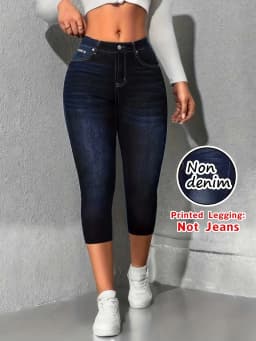 Women's Faux Denim Printed Cropped Pants, Non-Denim Fabric Casual Leggings, Outdoor Sports Yoga Pants, Fashionable Vacation Beac