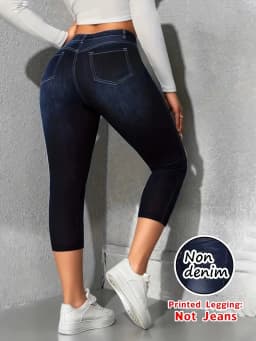 Women's Faux Denim Printed Cropped Pants, Non-Denim Fabric Casual Leggings, Outdoor Sports Yoga Pants, Fashionable Vacation Beac