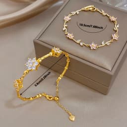 AENSOA Pink Flower White Cubic Zircon Filled Leaf Shape Bracelet For Women Men Charm Temperament Stainless Steel Unique Bangle