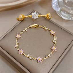 AENSOA Pink Flower White Cubic Zircon Filled Leaf Shape Bracelet For Women Men Charm Temperament Stainless Steel Unique Bangle
