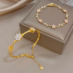 AENSOA Pink Flower White Cubic Zircon Filled Leaf Shape Bracelet For Women Men Charm Temperament Stainless Steel Unique Bangle