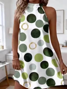 Women Sleeveless Halter Dress Back Bow Tie Polka Dot Print Loose Fit Mini Dress Summer Beach Casual Short Dresses