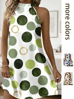 Women Sleeveless Halter Dress Back Bow Tie Polka Dot Print Loose Fit Mini Dress Summer Beach Casual Short Dresses