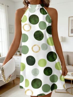 Women Sleeveless Halter Dress Back Bow Tie Polka Dot Print Loose Fit Mini Dress Summer Beach Casual Short Dresses