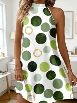 Women Sleeveless Halter Dress Back Bow Tie Polka Dot Print Loose Fit Mini Dress Summer Beach Casual Short Dresses
